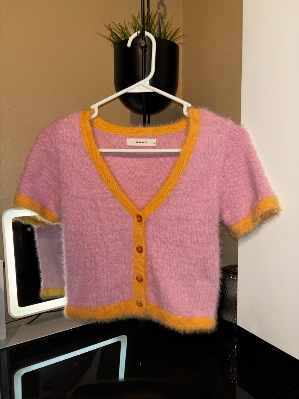 Reserved Pink Cardigan with Mustard Trim